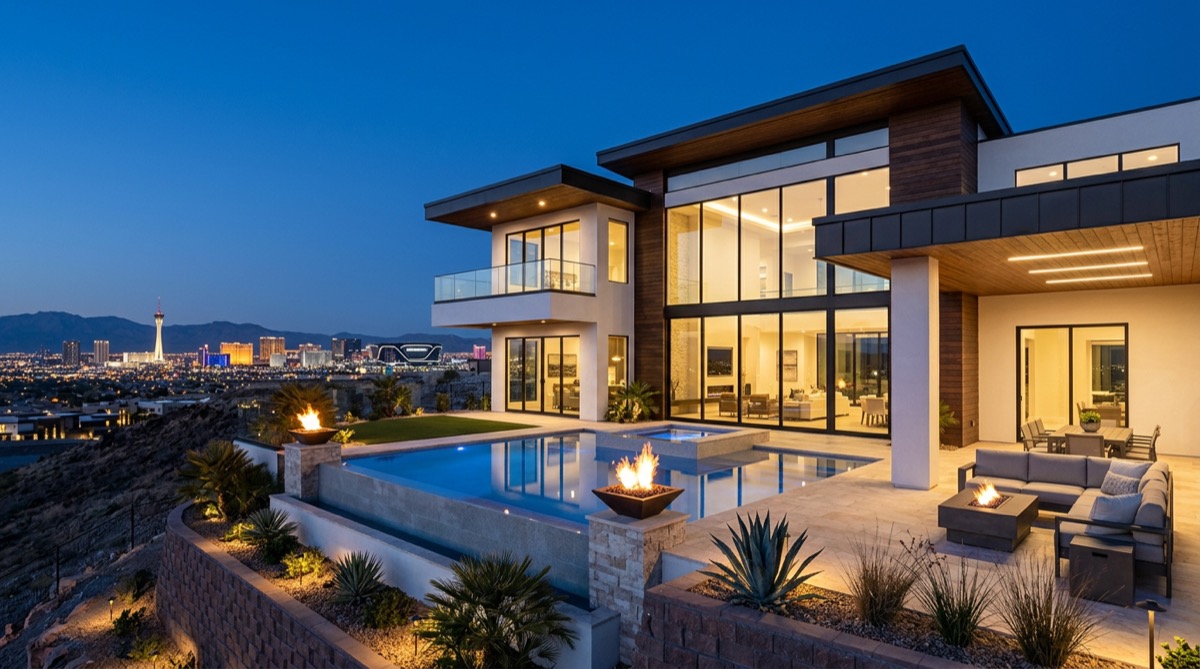 Contemporary architect-designed guard-gated luxury home in Ascaya with stone-and-glass facade, integrated infinity-edge pool, palm trees, and Las Vegas Strip view at sunset — representative of the most exclusive guard-gated estate inventory in the valley