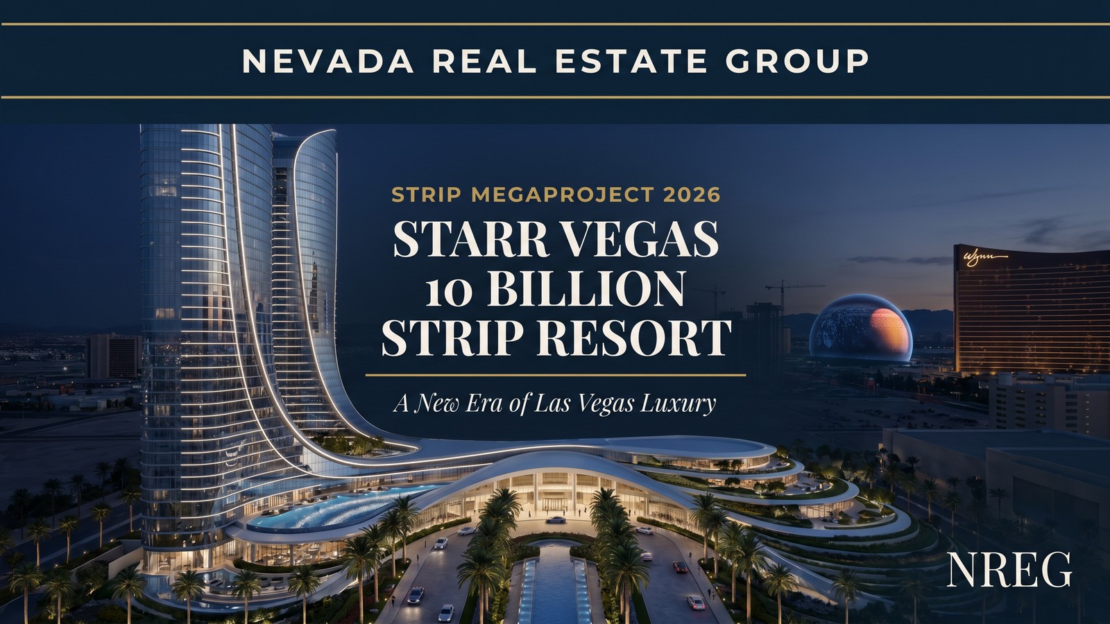 Las Vegas Strip luxury high-rise condo skyline at twilight — the resort-corridor segment where NREG represents buyers across Veer, Sky, Panorama, and Waldorf Astoria inventory